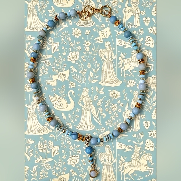 Mint Blue Natural Amazonite Bead & Amazonite Pendant In Gold Plated Necklace - Picture 1 of 9